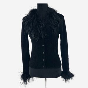 Vintage Black Feather Trim Button-Up Sweater